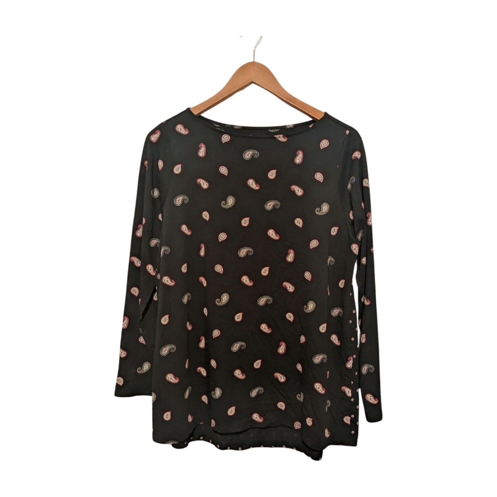 J Jill Top Womens M Black Pink Paisley Long Sleeve Patterned Cotton Blend